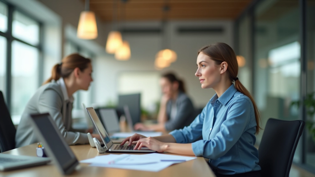 Çalışan profesyoneller, işbirliği, modern ofis ortamı